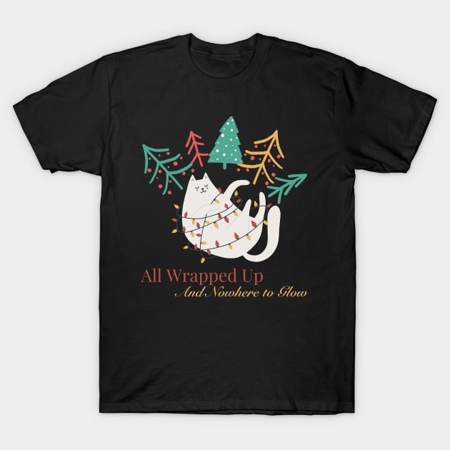 Funny Christmas Cat Wrapped in Lights, Surrounded by Trees T-Shirt by TheCloakedOak